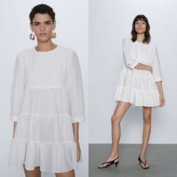 Zara The Sharon dress white tiered trapeze mini size small S - Picture 1 of 5